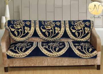 Nendle Floral Design Chenille 5 Seater Sofa Covers Set (Navy Blue, Set of 6 Pieces)